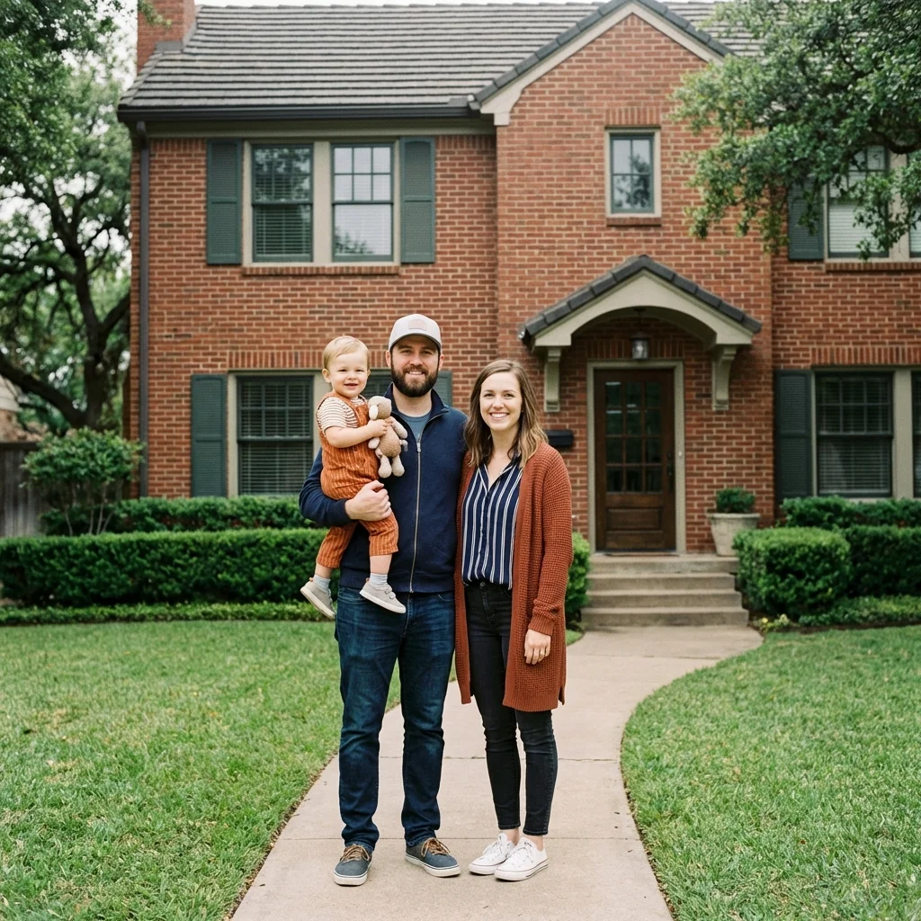 A young family standing in front of their new brick home in a Dallas-Fort Worth neighborhood