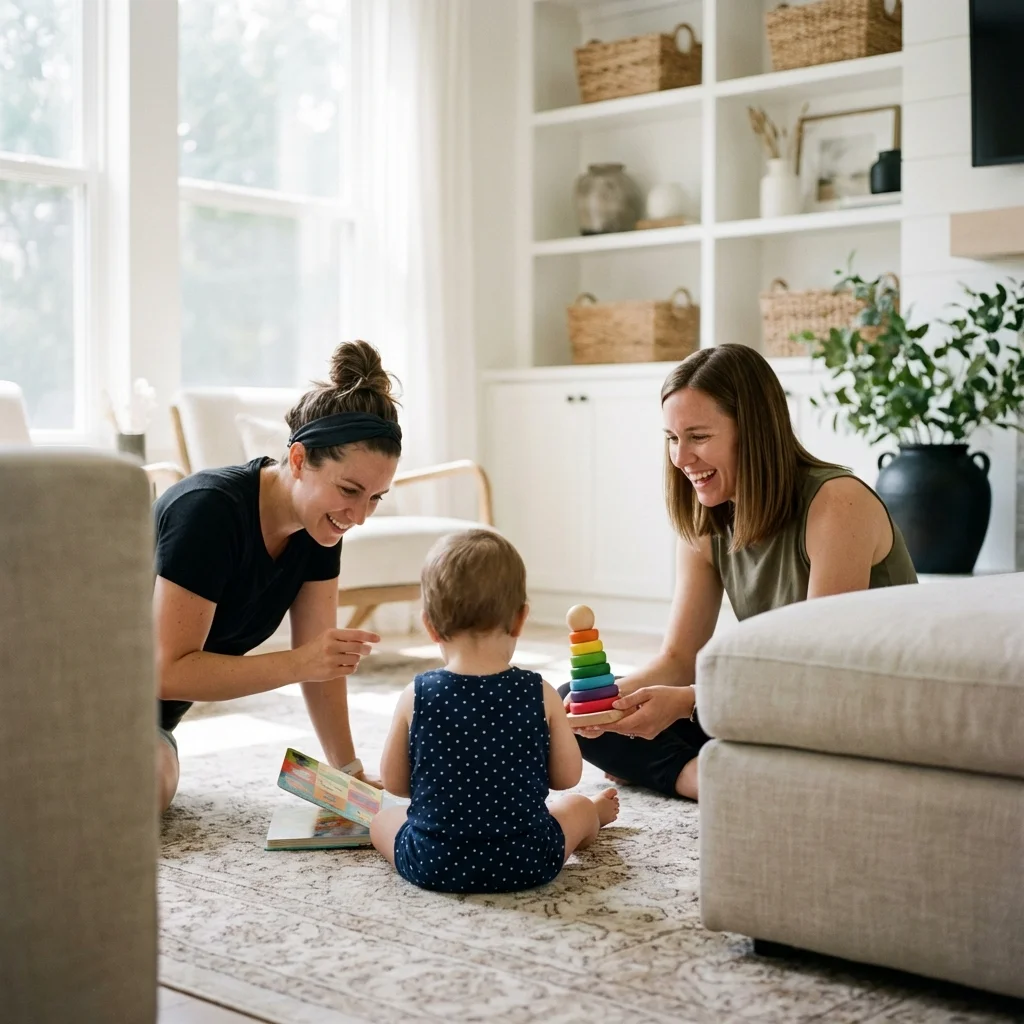 A family relaxing in their new living room after buying their first home in Dallas-Fort Worth