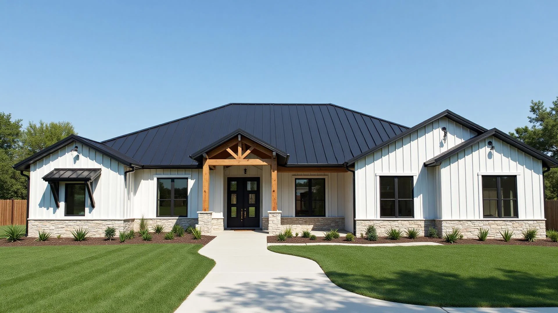 Modern farmhouse style home for sale in Dallas-Fort Worth Texas with stone exterior and landscaped yard