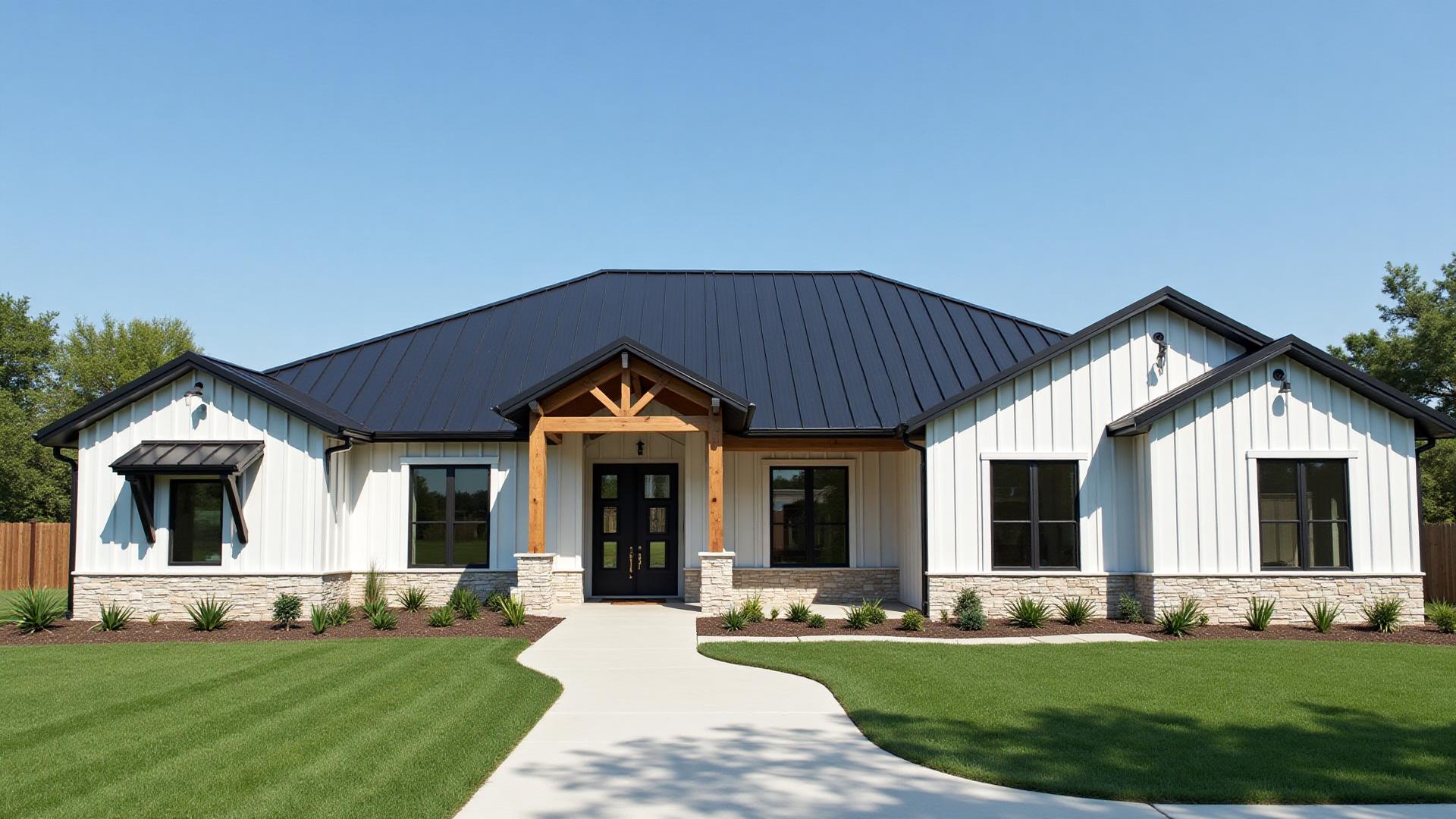 Modern farmhouse style home for sale in Dallas-Fort Worth Texas with stone exterior and landscaped yard