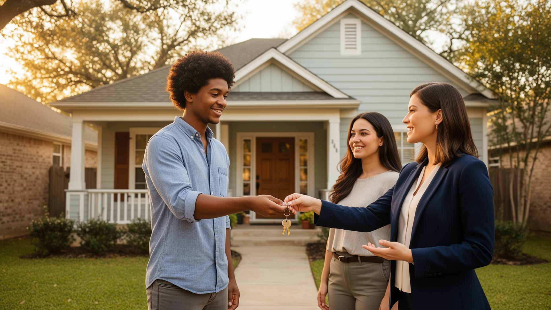 First-time home buyers receiving keys to their new Dallas home