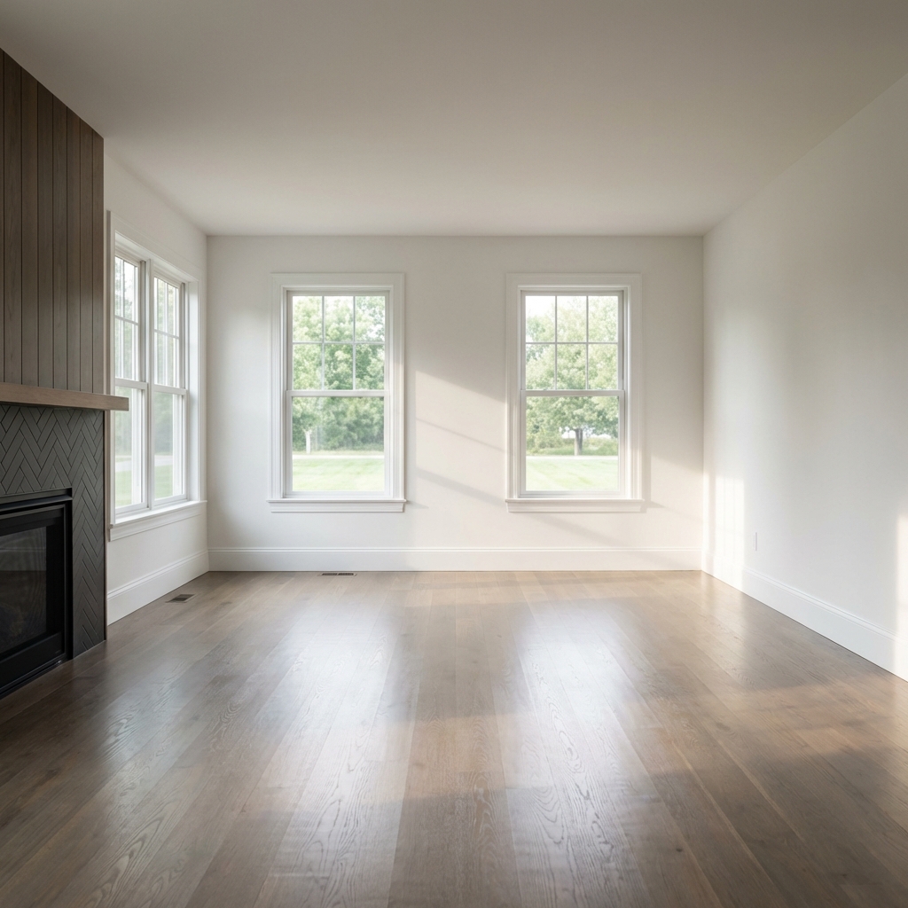 Home interior in East Dallas, TX - bright living room with hardwood floors and fireplace