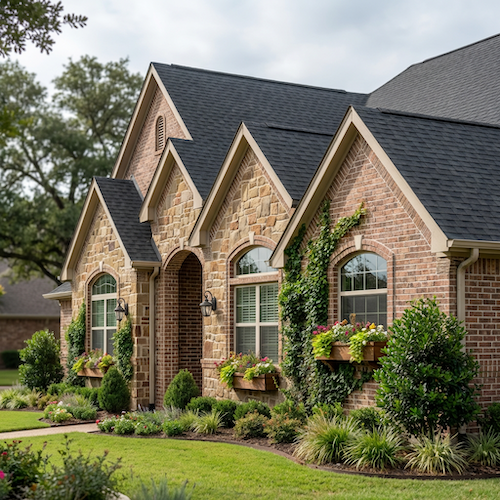 Brick and stone home with lush landscaping for those looking to buy home in Dallas, Dallas County, TX. Real Estate Agency