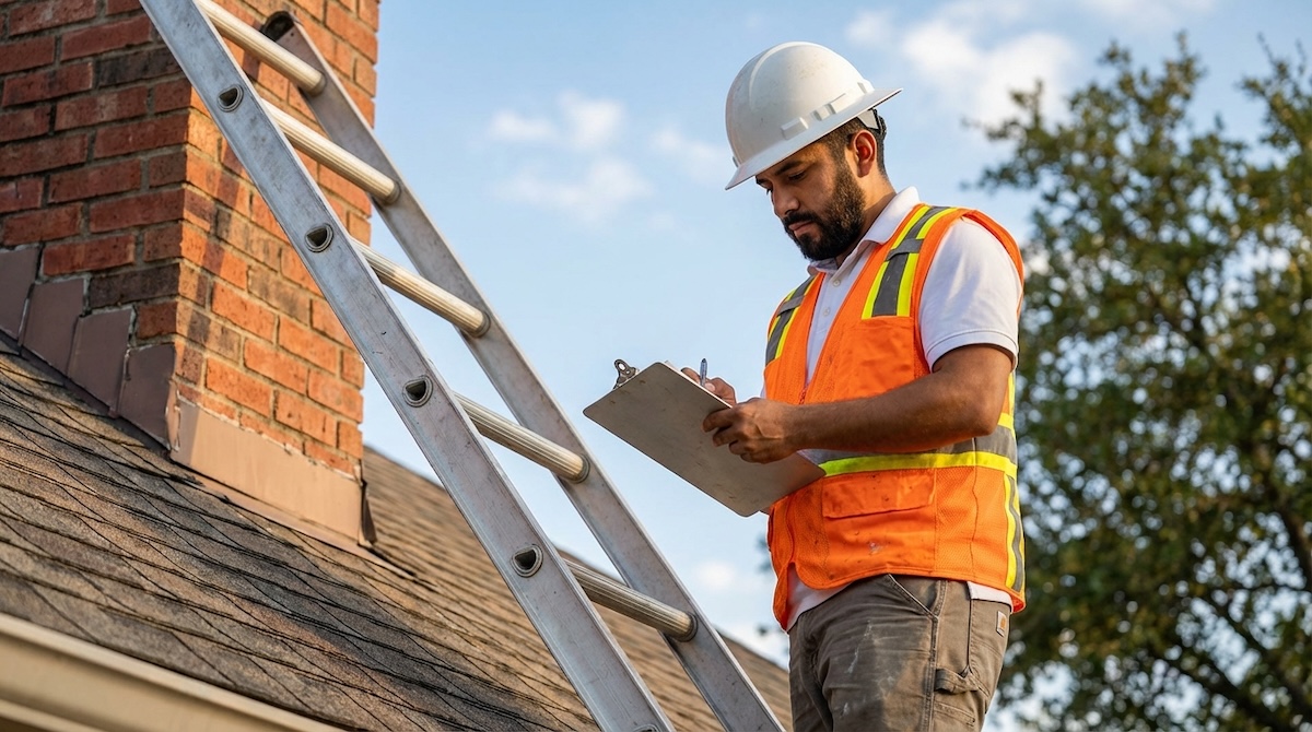 Real Estate Agency Rainbow Realtors agent on a roof for an inspection in Dallas, Dallas County, TX.