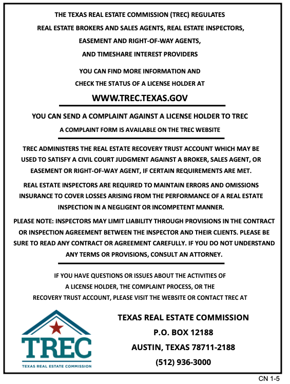 Texas Real Estate Commission (TREC) - Consumer Protection Notice for Dallas Fort Worth home buyers and sellers